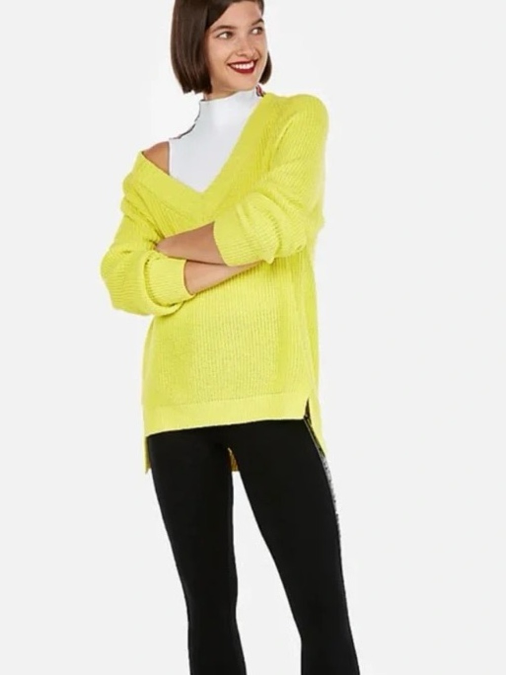 Express Size Small Oversized Yellow V-Neck Raglan Tunic Pullover Sweater